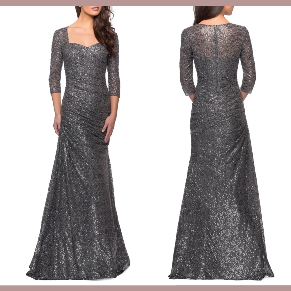 NEW‎ $469 La Femme [ 18 R ] Ruched Sequin Trumpet Gown in Gunmetal